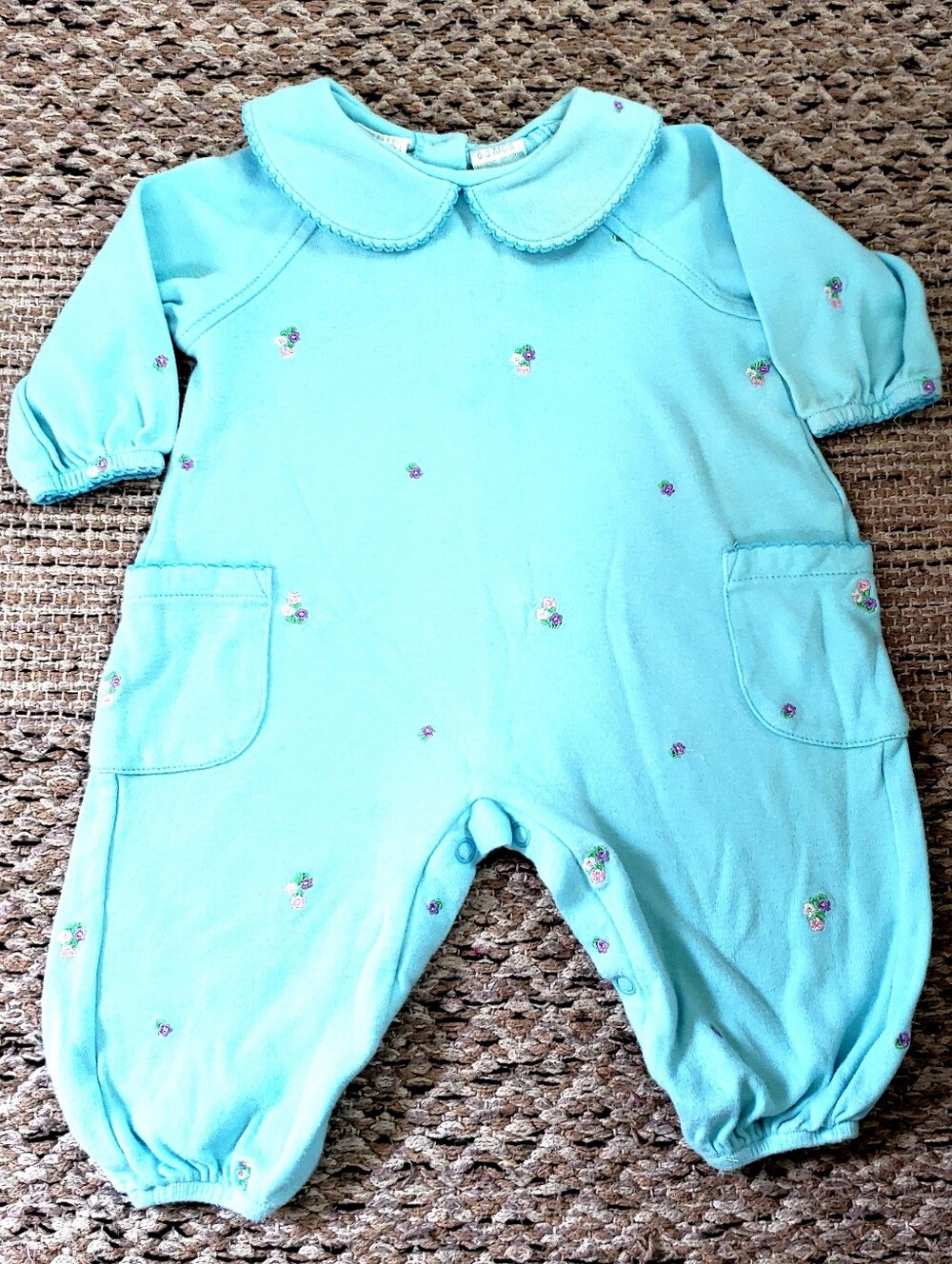 Vintage Y2K One Piece Aqua Peter Pan Collar Embroidered Romper 0-3